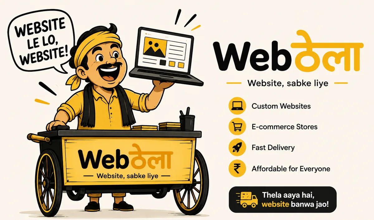 Illustrated Webthela cart vendor holding a laptop, calling out 'Website le lo, website!'